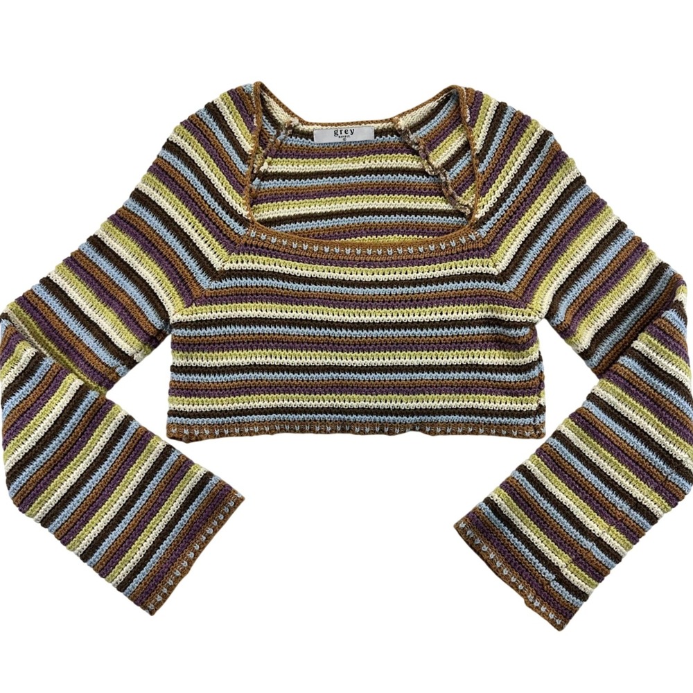 Grey Bandit Striped Cropped Square Neck Sweater Multicolor Women's Size Small